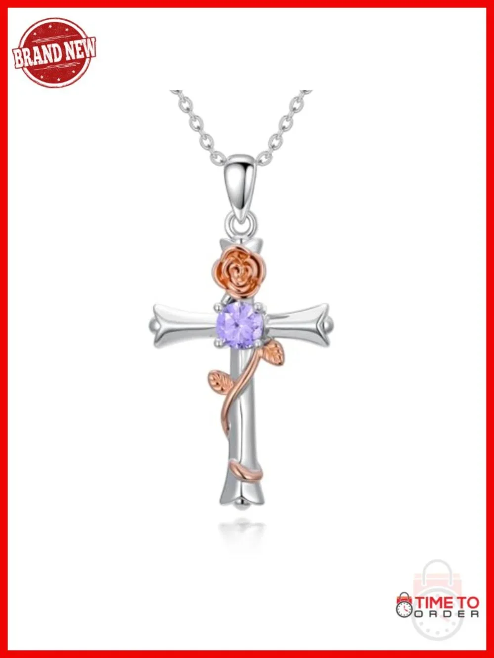 Rose Gold Cross Pendant Necklace with Cubic Zirconia Birthstone